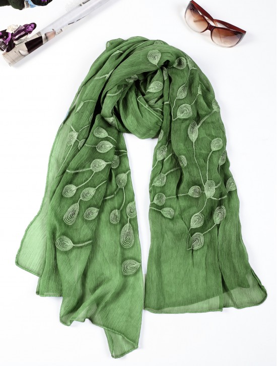 Lightweight Scarf with Embroidered Leaves 